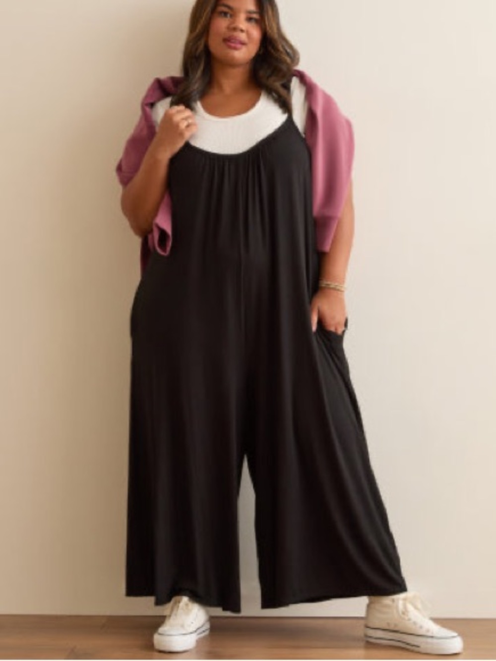 women’s black flowy wide-leg scoop-neck sleeveless jumpsuit romper - arula!